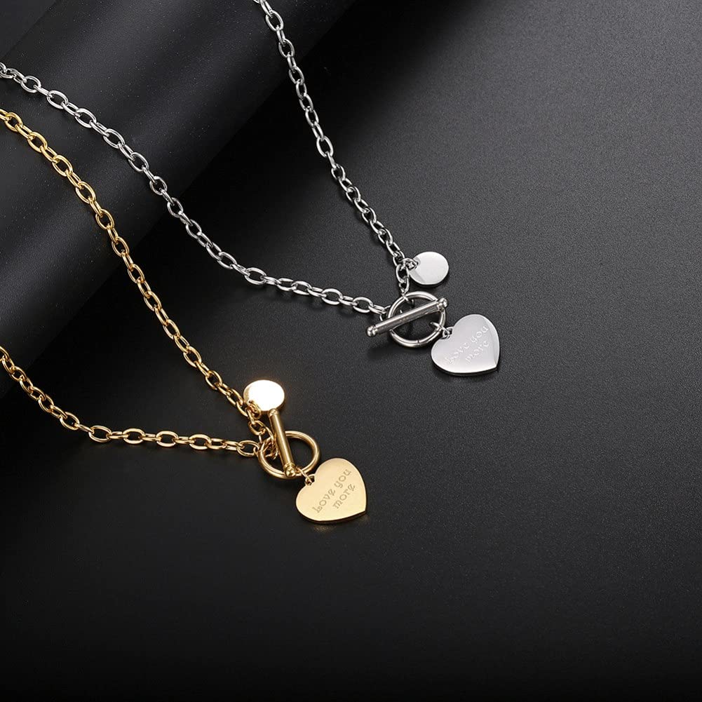 Rockyu チョーカー レディース ハートペンダント 「Love You More」 刻印 ゴールド & シルバー コイン付き