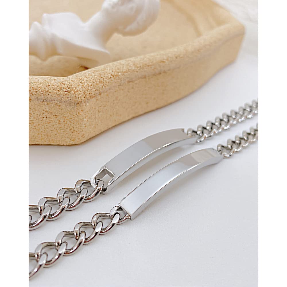 Rockyu ペア ブレスレット 人気 カップル メンズ レディース ピンクゴールド シルバー おしゃれ ジルコニア CZ 長方形 幅44mm ステンレスチェーン 金属アレルギー対応 彼氏彼女 誕生日 記念日 プレゼント