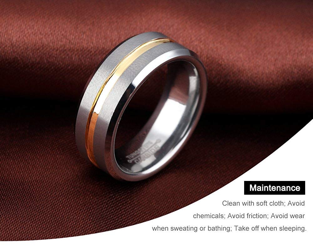 Rockyu メンズリング タングステン シルバー 8mm ヘアライン加工 マット質感 ゴールドライン入り指輪