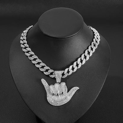 Rockyu ネックレス メンズ ゴールド＆シルバー ハンドシェイプペンダント キューバンチェーン ヒップホップ ダイヤモンド風 45cm