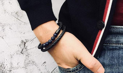 Rockyu 天然石 レザーブレスレット メンズ｜編み込みデザイン＆3カラー展開