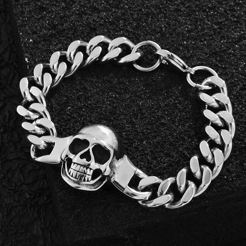 Rockyu ブレスレット メンズ ステンレス 髑髏 喜平チェーン シルバー ブラック ドクロ アクセサリー