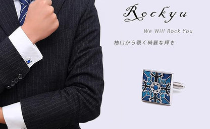 Rockyu カフスボタン メンズ 星模様 ブルー シルバー スクエア 和柄 ステンレス製