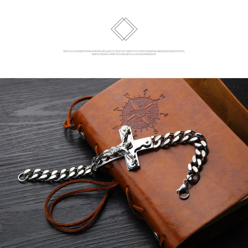 Rockyu メンズブレスレット クロス十字架 チタンチェーン シルバー 喜平デザイン