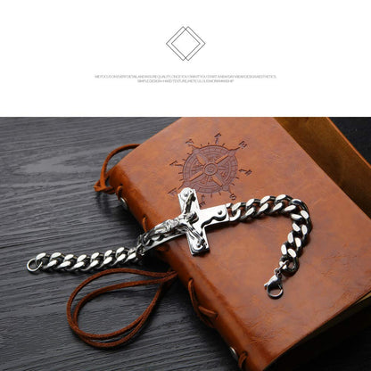 Rockyu メンズブレスレット クロス十字架 チタンチェーン シルバー 喜平デザイン