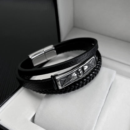 Rockyu メンズ ブレスレット スカル レザー ブラック 3連デザイン 翼モチーフ おしゃれ アクセサリー