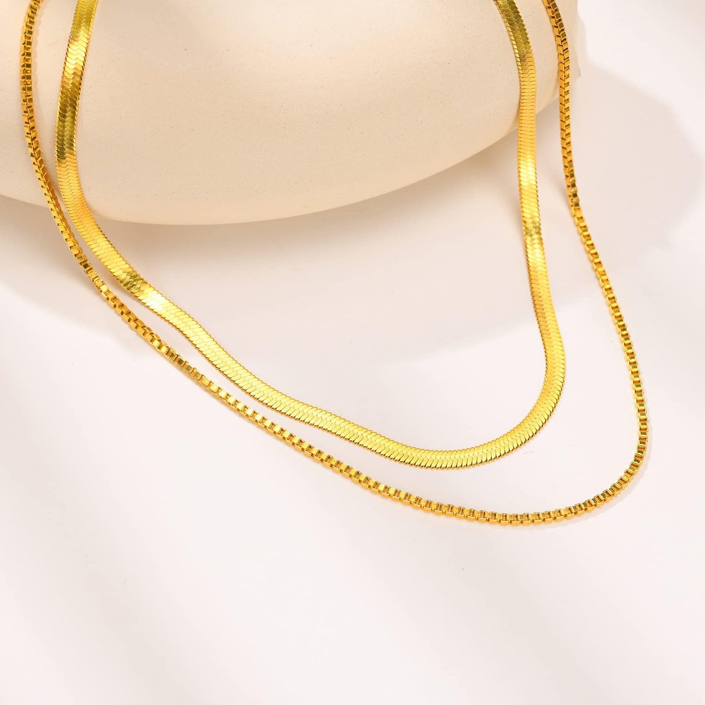 Rockyu ネックレス レディース 二連 スネークチェーン ベネチアンチェーン ゴールド/シルバー 4mm&2mm 調整可能 ステンレス 金属アレルギー対応