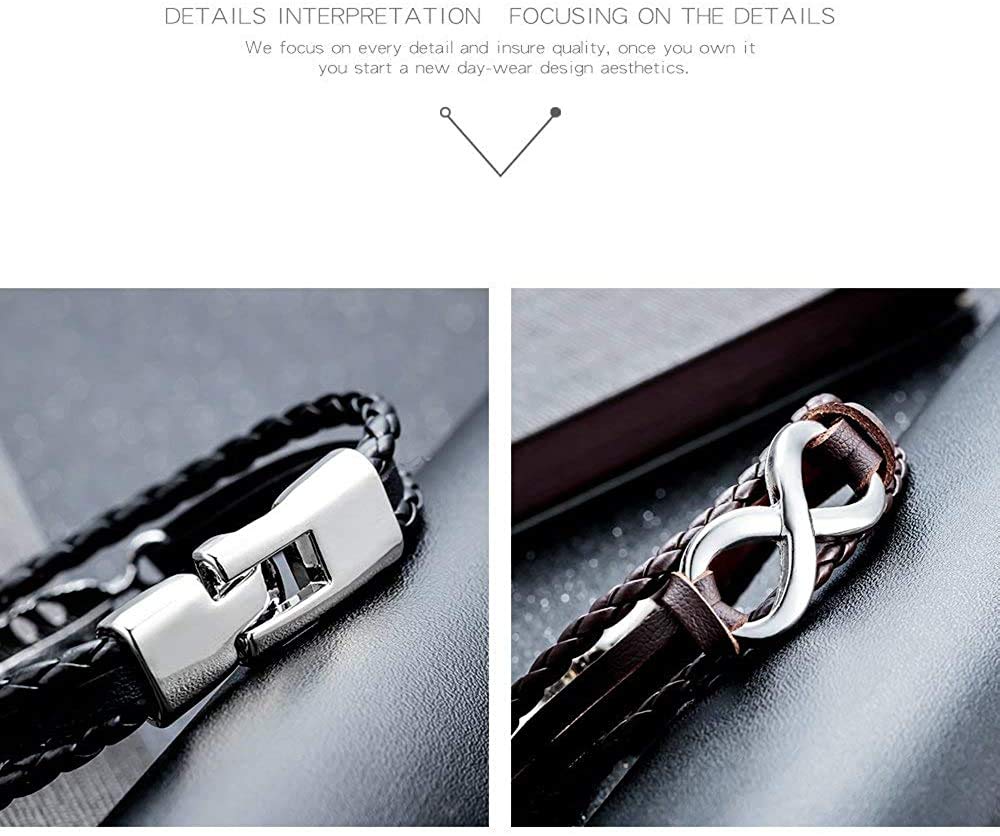 Rockyu メンズレザー ブレスレット 無限大モチーフ ステンレス留め具 本革編み込みデザイン カジュアルアクセサリー