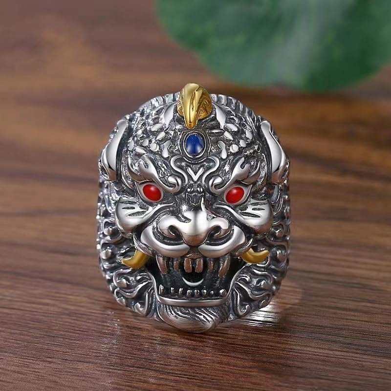 Rockyu 貔貅モチーフ シルバーリング 太めデザイン フリーサイズ メンズアクセサリー