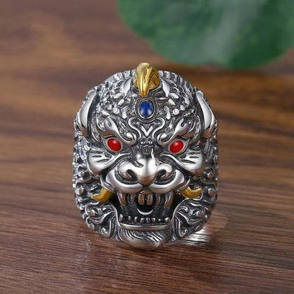 Rockyu 貔貅モチーフ シルバーリング 太めデザイン フリーサイズ メンズアクセサリー