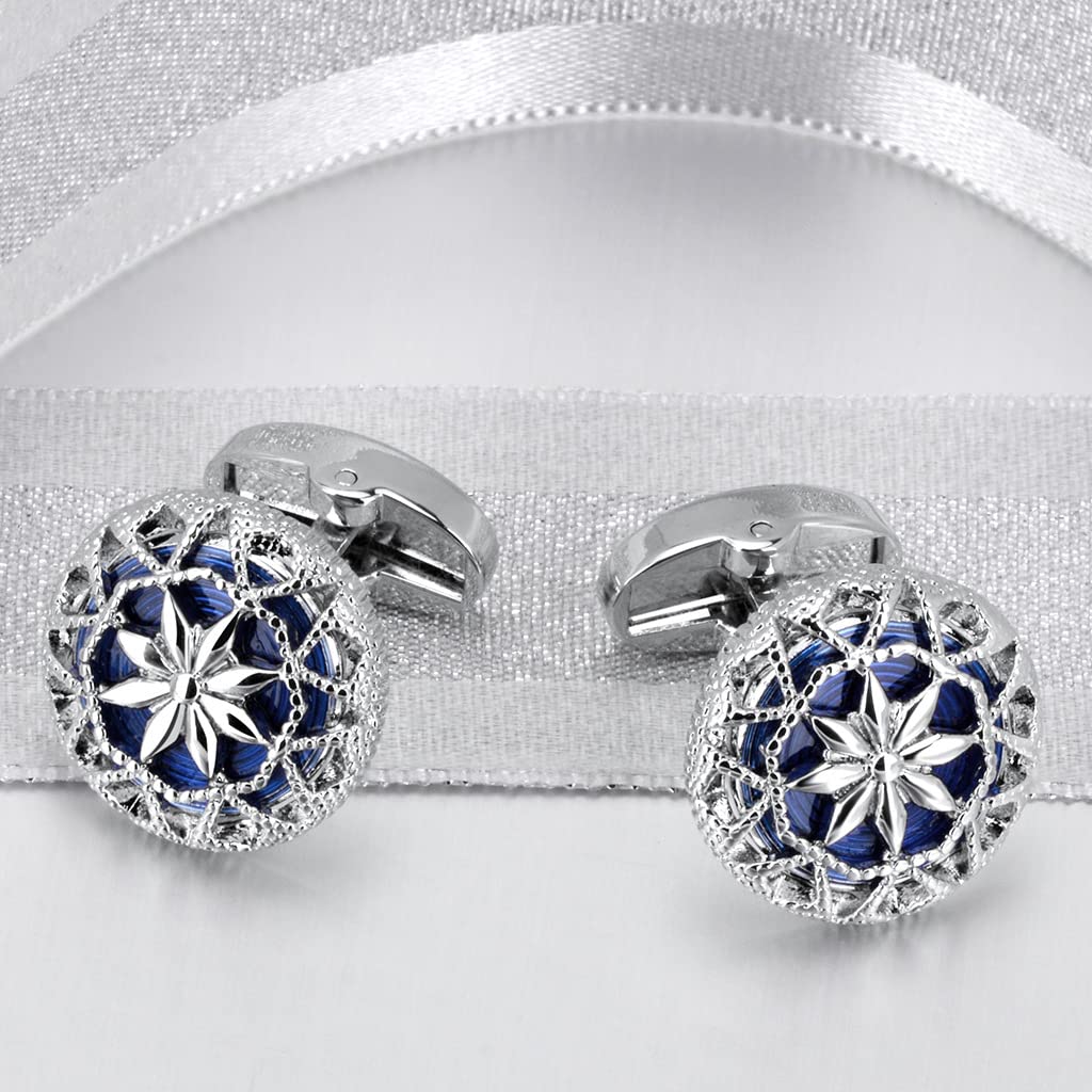 Rockyu カフス シルバーカラーバリエ 花柄透かし彫り ラウンドカフス メンズ ビジネス フォーマル ギフト