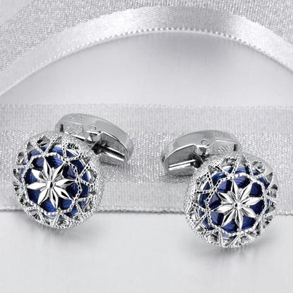 Rockyu カフス シルバーカラーバリエ 花柄透かし彫り ラウンドカフス メンズ ビジネス フォーマル ギフト