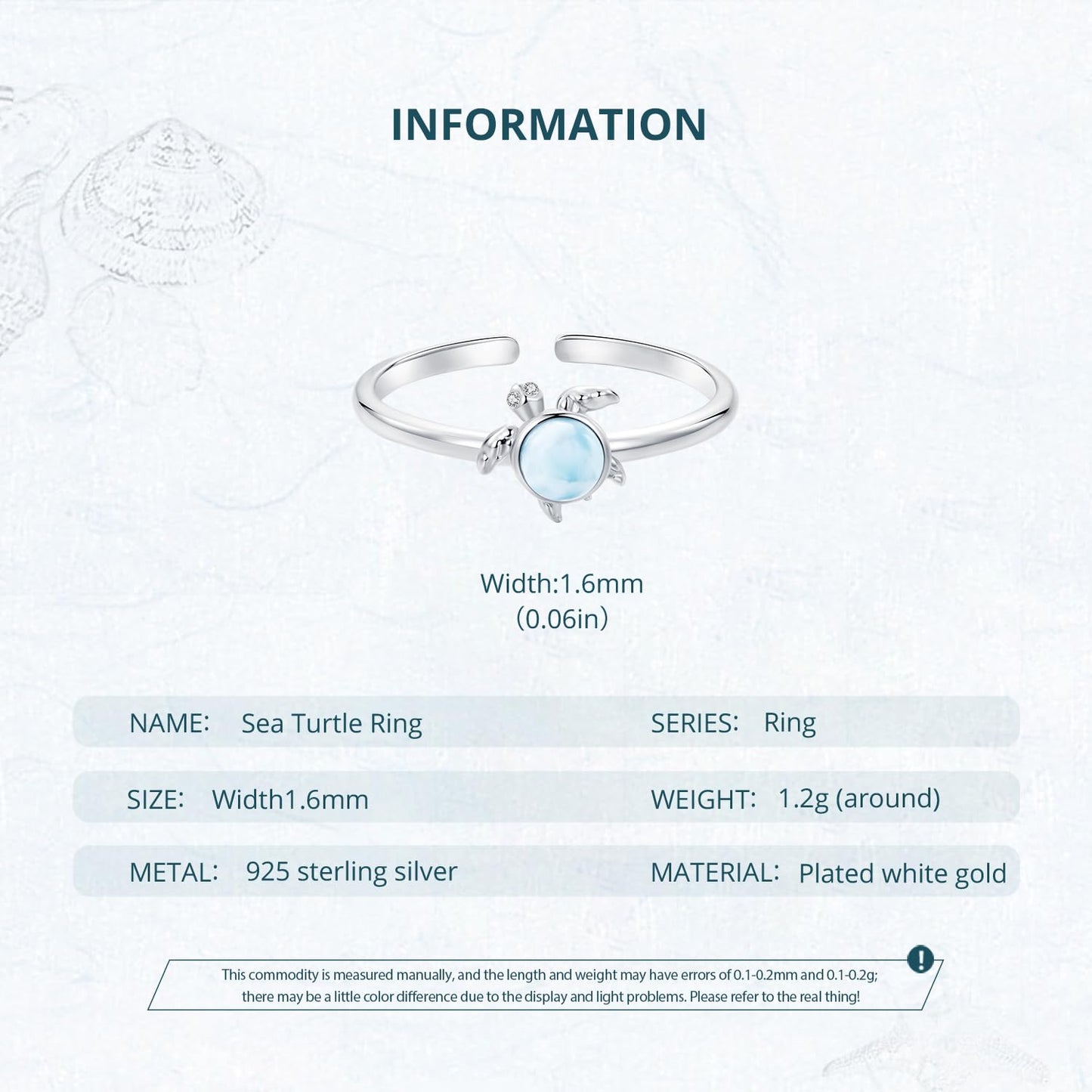 Rockyu シータートルリング レディース ブルーオパール調 925シルバー 調節可能指輪