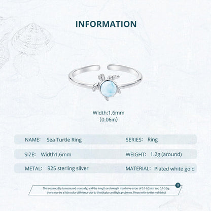 Rockyu シータートルリング レディース ブルーオパール調 925シルバー 調節可能指輪