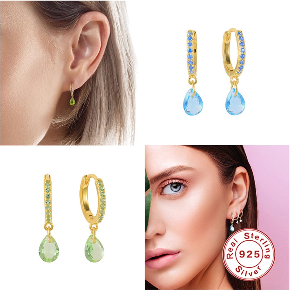 [Rockyu] ピアス レディース 18金 フープ 小さめ シルバー925 ゴールド 青 紫 緑 10mm ジルコニアリングピアス 不規則 水滴 雫ピアス 純銀製 フランス風 フープピアス 金属アレルギー対応 つけっぱなし ファッション 女性 アクセサリー (緑ジルコニア)