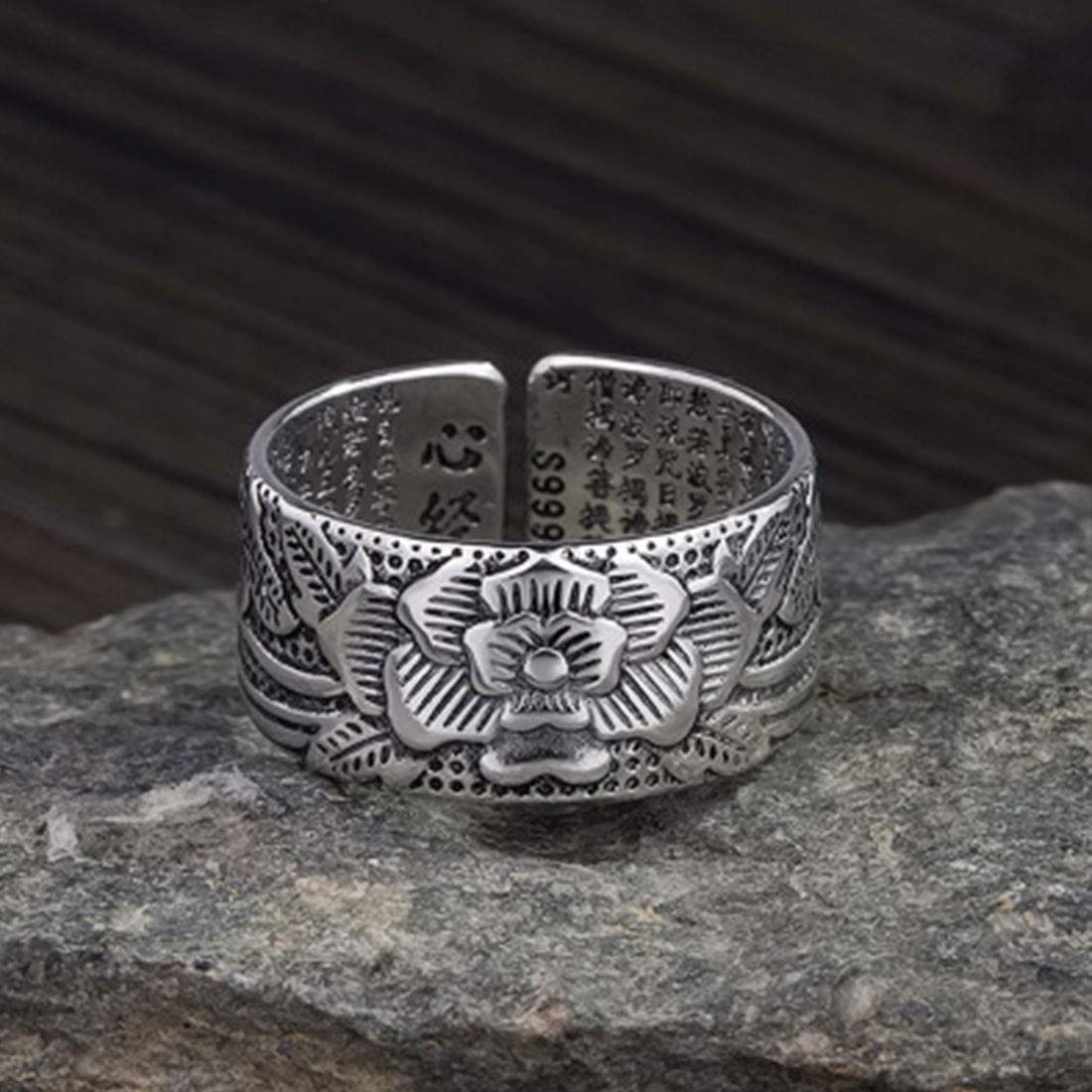 Rockyu 蓮モチーフリング メンズ レディース フリーサイズ 仏教経文刻印 シルバーメッキ
