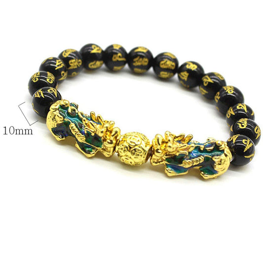 [Rockyu] 貔貅 六字真言バングル ブレスレット メンズ 18金メッキ おしゃれ ブラック 黒 数珠ブレスレット 御守 宗教風