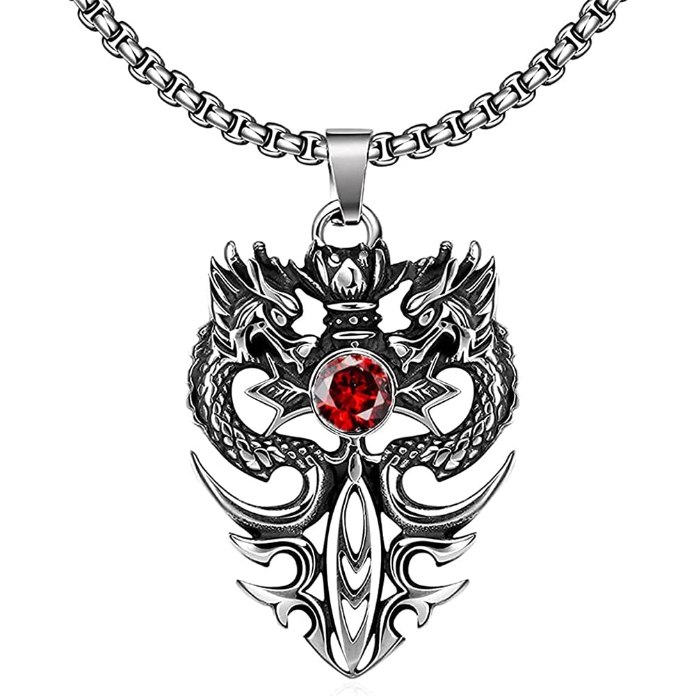 【双龍の守護】ステンレスペンダントネックレス｜ブラック＆レッドストーン メンズアクセ