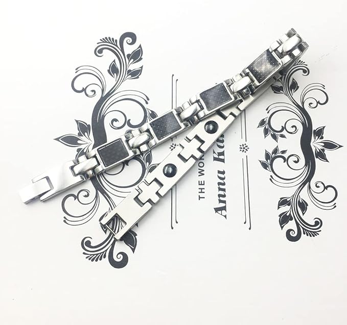 Rockyu ブレスレット メンズ ステンレス シルバー ブラック カーボン調 幅広チェーン モダンデザイン