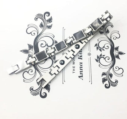 Rockyu ブレスレット メンズ ステンレス シルバー ブラック カーボン調 幅広チェーン モダンデザイン