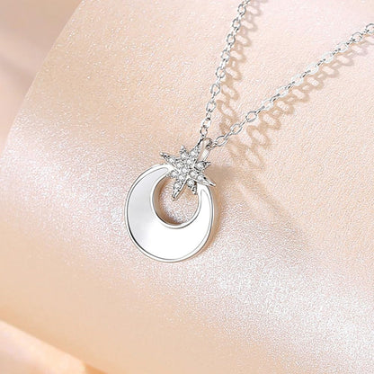 Rockyu ネックレス レディース 月と星 CZ 白蝶貝 ゴールド ステンレス ペンダント