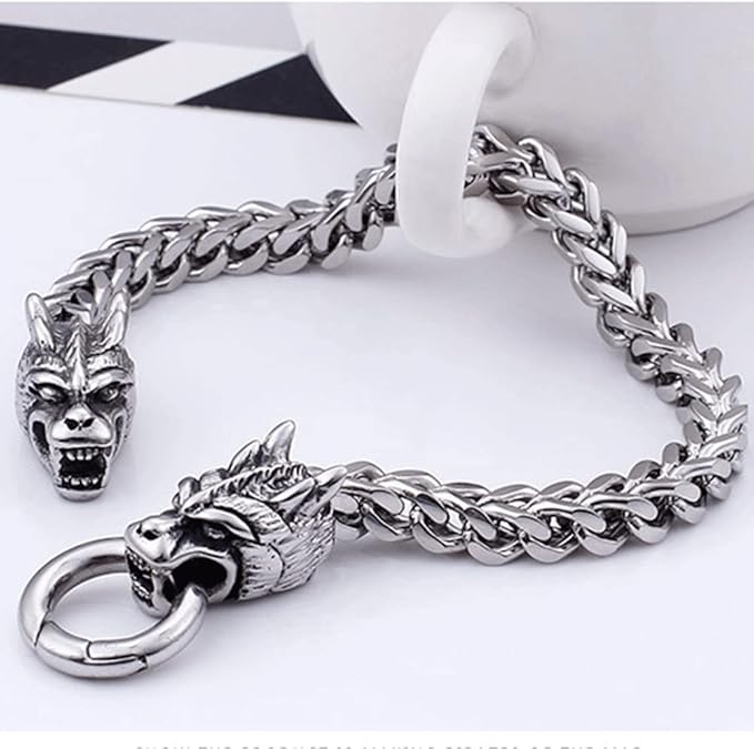 Rockyu ブレスレット メンズ ドラゴンモチーフ 二層チェーン シルバー ステンレス製