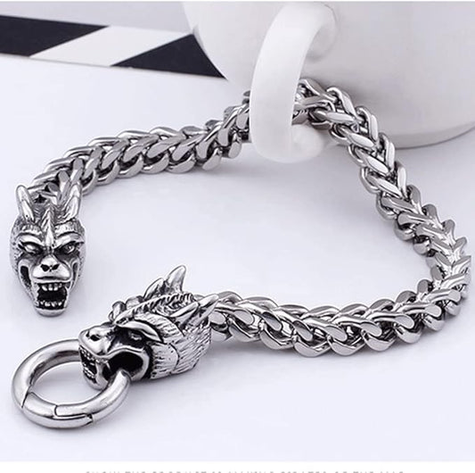 Rockyu ブレスレット メンズ ドラゴンモチーフ 二層チェーン シルバー ステンレス製