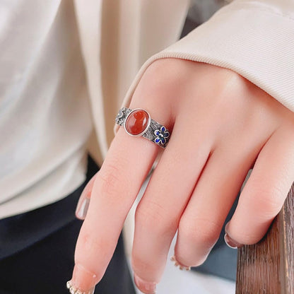 Rockyu 赤瑪瑙×ブルー桜 シルバー925リング 太め ヴィンテージ風 フリーサイズ