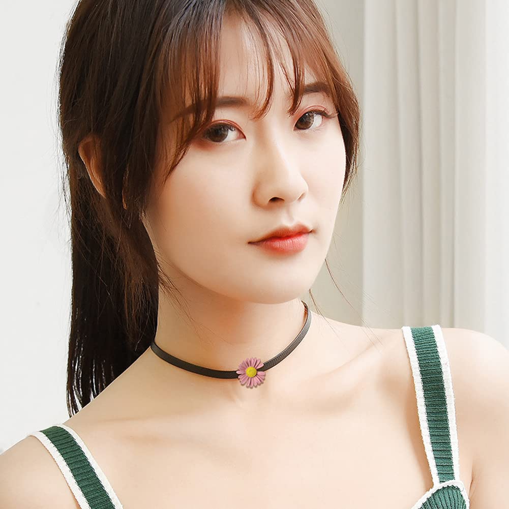 Rockyu チョーカー レディース 黒 レザー フラワー 雛菊 ペンダント 革紐チェーン