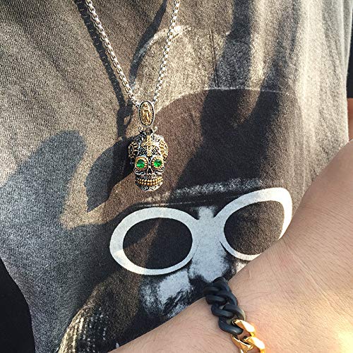 Rockyu メンズ メキシカンスカルネックレス 緑目 髑髏デザイン ステンレスチェーン 60cm
