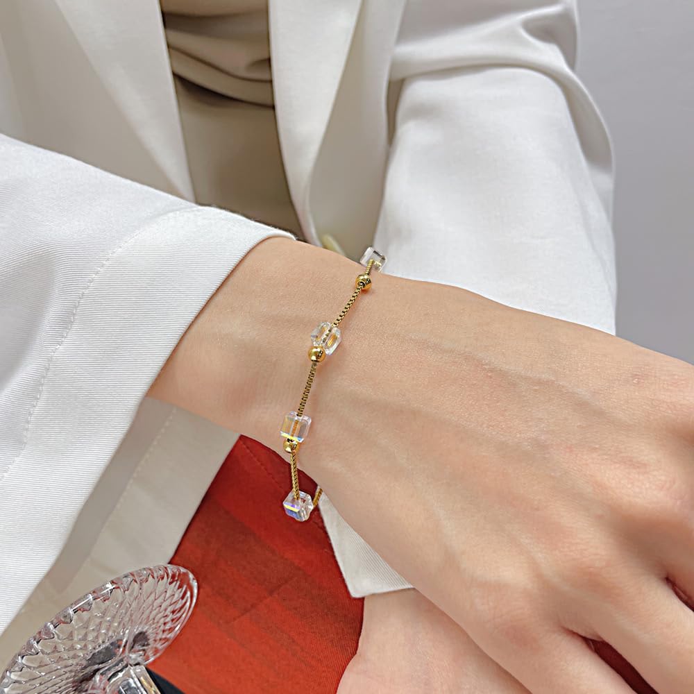 ブレスレット レディース ゴールド ステンレス 正方形クリスタル ベネチアンチェーン 金属アレルギー対応