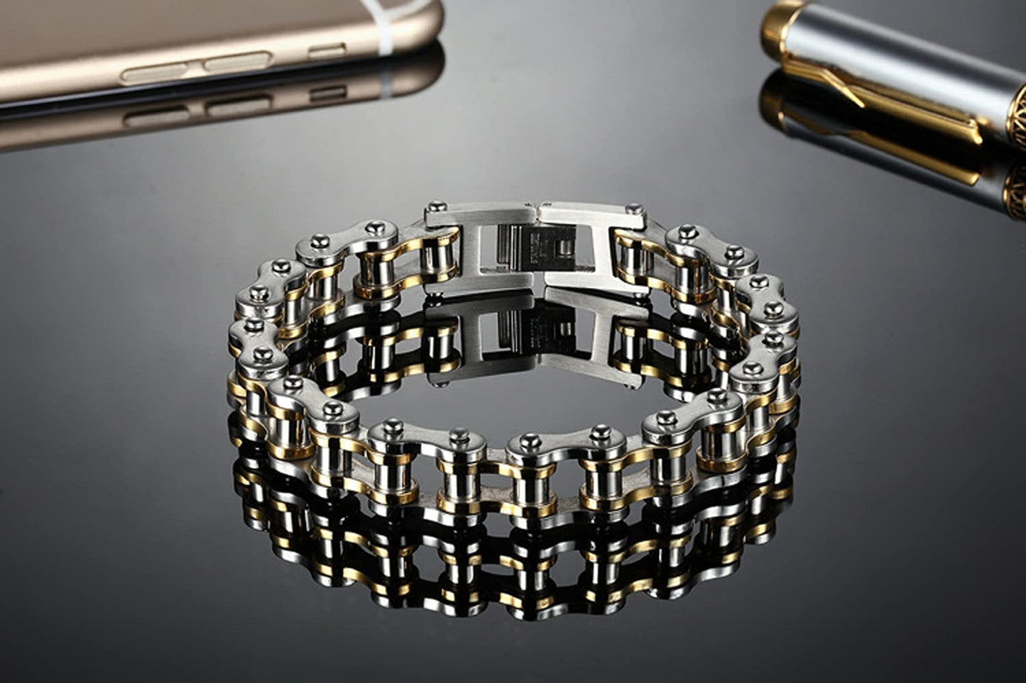 Rockyu バイクチェーン風ブレスレット メンズ ステンレス製 重厚デザイン 12mm幅