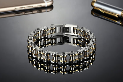 Rockyu バイクチェーン風ブレスレット メンズ ステンレス製 重厚デザイン 12mm幅