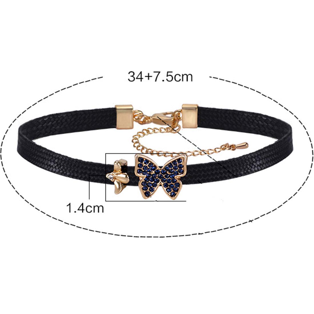 Rockyu 蝶々チョーカー ブラックレザー – 宝石風ブルー＆グレーの選べる輝き