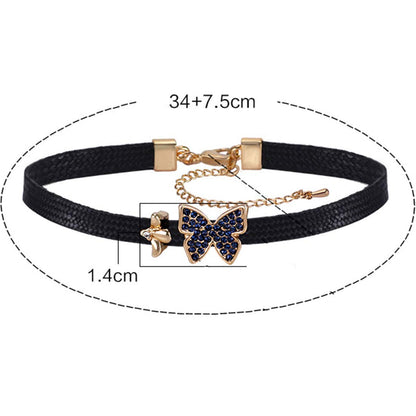 Rockyu 蝶々チョーカー ブラックレザー – 宝石風ブルー＆グレーの選べる輝き