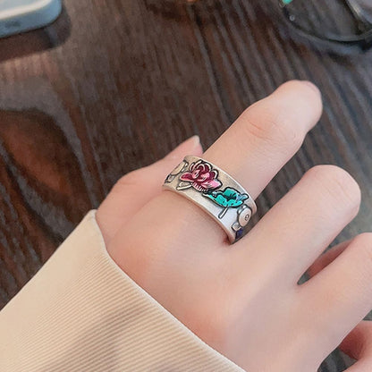 Rockyu 指輪 レディース フリーサイズ シルバー925 蓮花＆鯉モチーフ リング 金属アレルギー対応 おしゃれ プレゼント