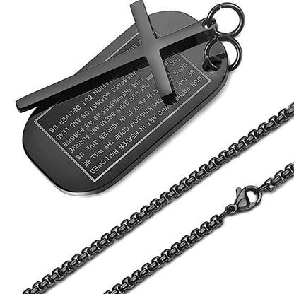 Rockyu メンズネックレス クロス十字架＆聖書モチーフ ドッグタグペンダント ステンレス製 ゴールド ブラック シルバー お守り アクセサリー