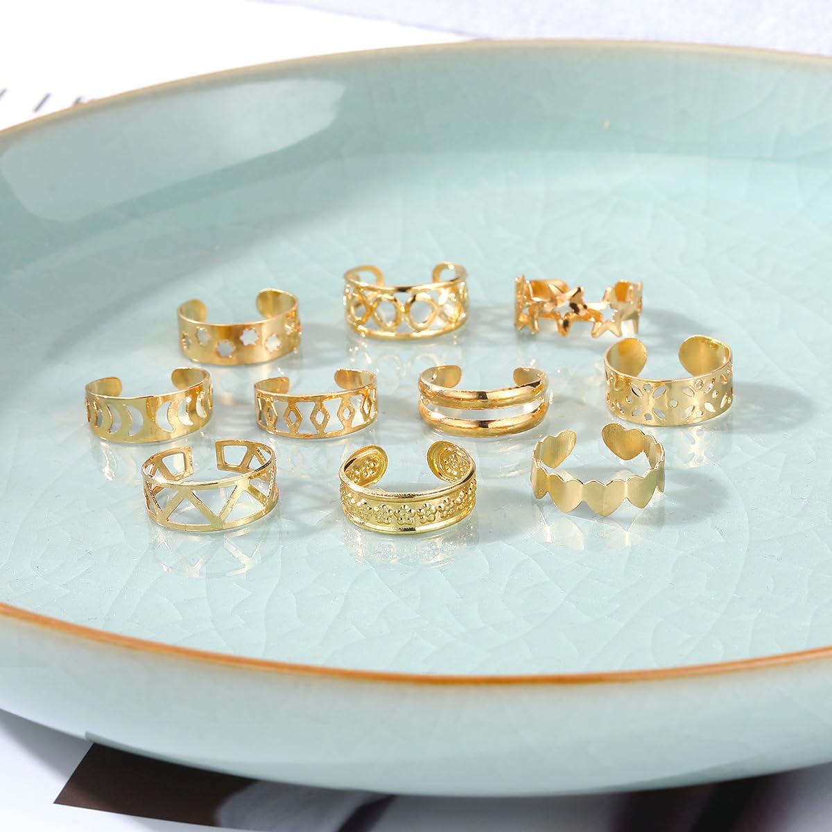 Rockyu トゥリング レディース 10点セット ゴールド/シルバー 星 月 幾何学デザイン フリーサイズ