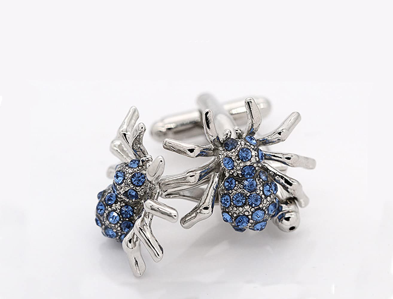 Rockyu カフスボタン メンズ 蜘蛛デザイン シルバー×ブルー サファイア風クリスタル ステンレス製