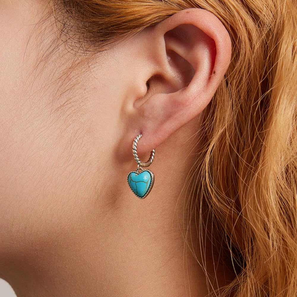 Rockyu シルバー925 ハート×ターコイズ フープピアス（ツイストデザイン）