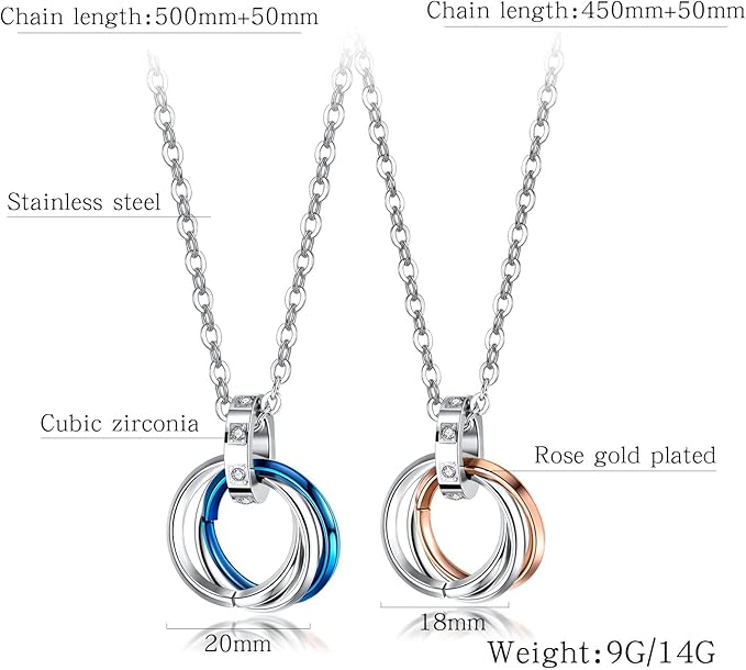 Rockyu ペアネックレス 3連リングデザイン チタン＆ステンレス アレルギー対応