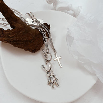 Rockyu レディースネックレス うさぎとくまの二連ロングチェーンペンダント