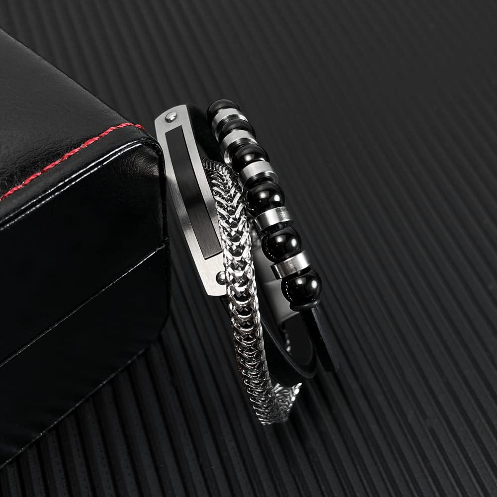 Rockyu メンズブレスレット 3連デザイン ブラック レザー×チェーン×ビーズ おしゃれ腕輪