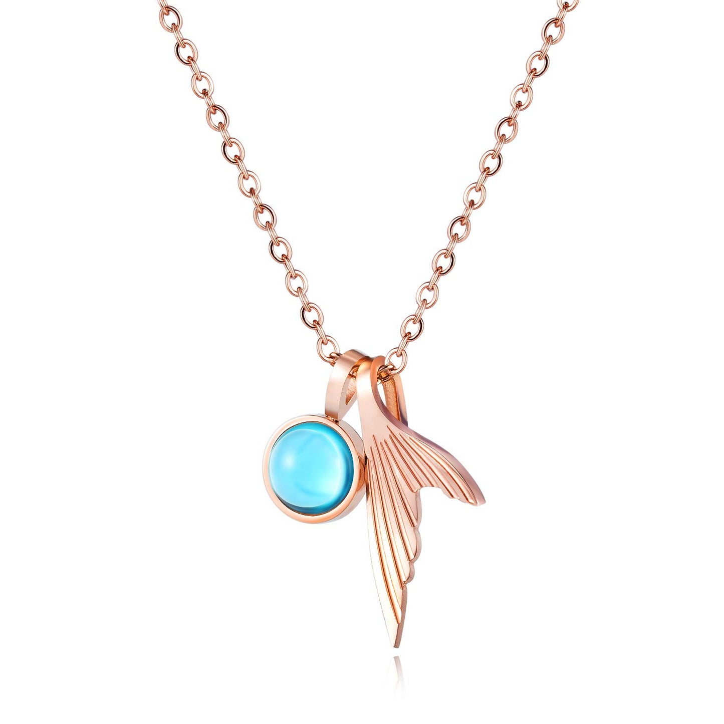 Rockyu ネックレス レディース ペンダント 人魚のしっぽ サファイア風クリスタル チタン製 18Kピンクゴールド仕上げ 細め鎖骨チェーン 女性用アクセサリー