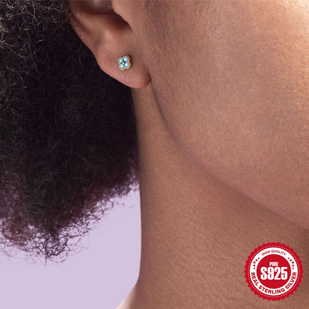 Rockyu シルバー925 花型スタッドピアス（ターコイズ＆ジルコニア・両耳用）