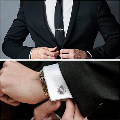 Rockyu メンズ シルバー タイピン＆カフスセット（馬・市松模様）