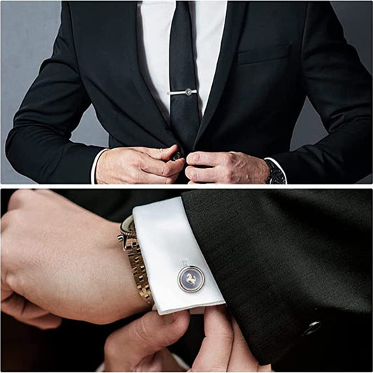 Rockyu メンズ シルバー タイピン＆カフスセット（馬・市松模様）