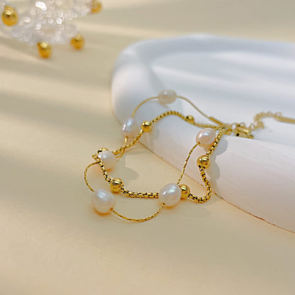 Rockyu ブレスレット レディース ゴールドパールブレスレット ステンレス 金属アレルギー対応