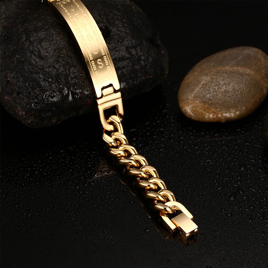 Rockyu メンズブレスレット ステンレス製 十字架刻印チェーン シルバーとゴールドカラー 21cm