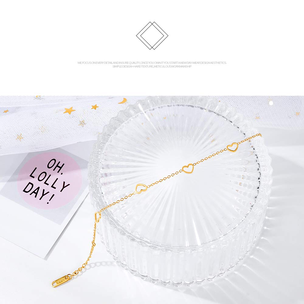 Rockyu ブレスレット レディース ハートモチーフ 18金メッキ チタン製チェーン 細めデザイン